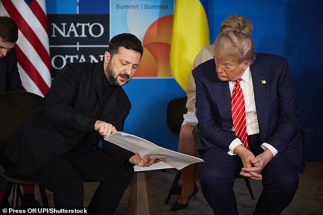 Donald Trump talks to Ukrainian president Volodymyr Zelensky at the Nato summit in The Hague last month