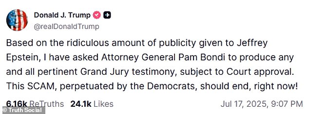 Trump instructed Thursday, July 17 that Bondi unseal grand jury testimony in the Epstein case