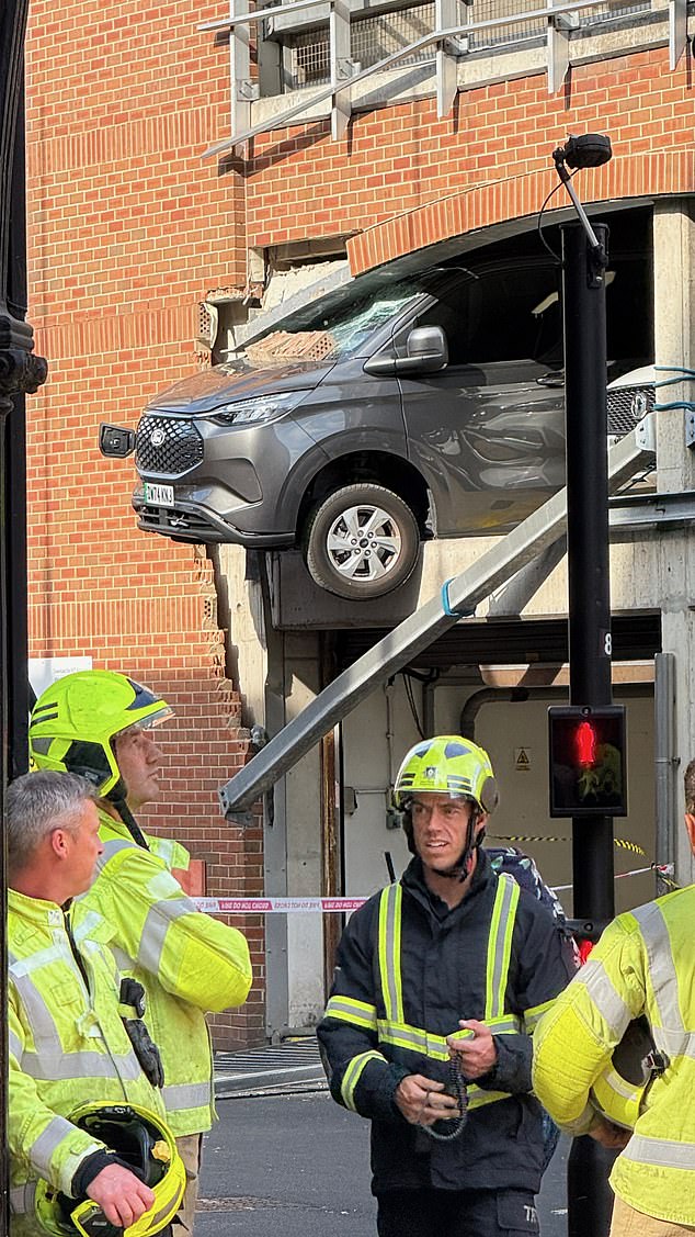 Five people were rushed to hospital, including two people in the van, after it smashed through a car park wall in Leeds city centre