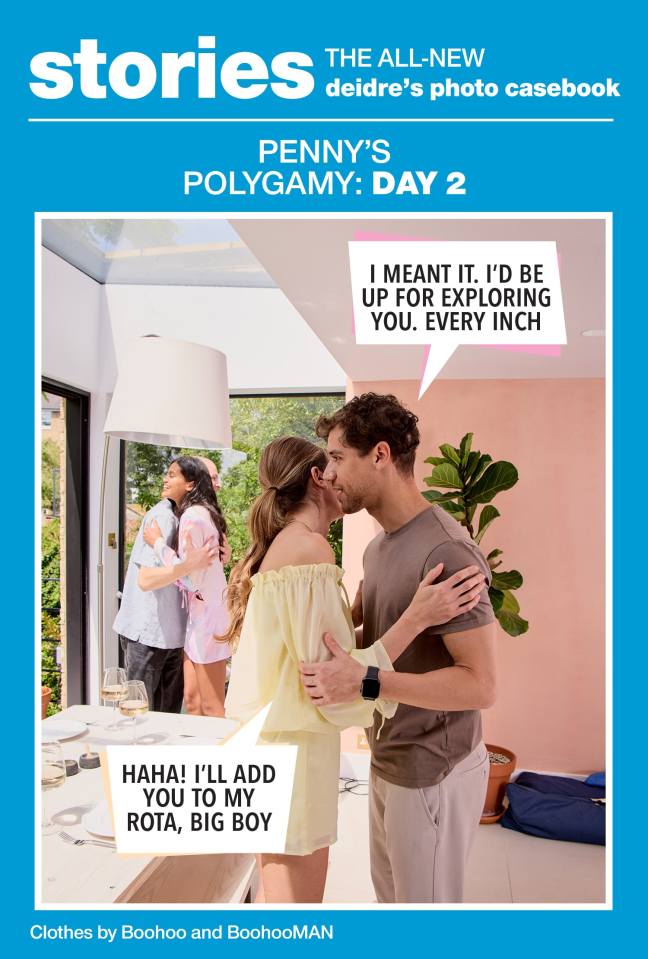 Illustration of a couple whispering in a home, with other people in the background.  Text includes "Penny's Polygamy: Day 2".