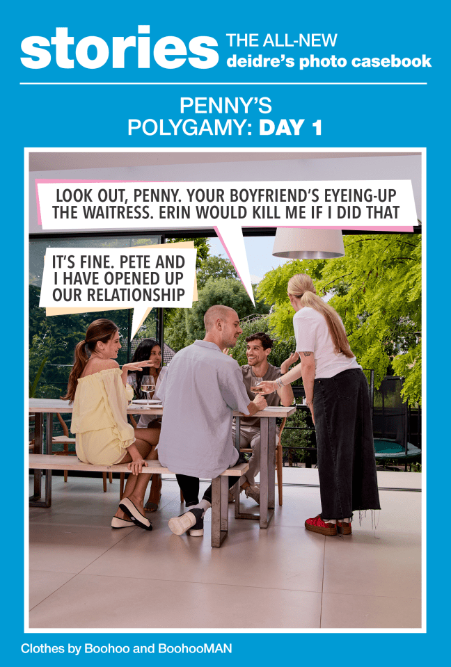 Illustration of a group of friends at an outdoor table, with text about a polygamous relationship.