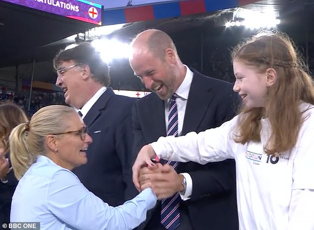 People had been left delighted by Greta's enthusiasm and she caused a sensation on social media. Pictured meeting manager Sarina Wiegman
