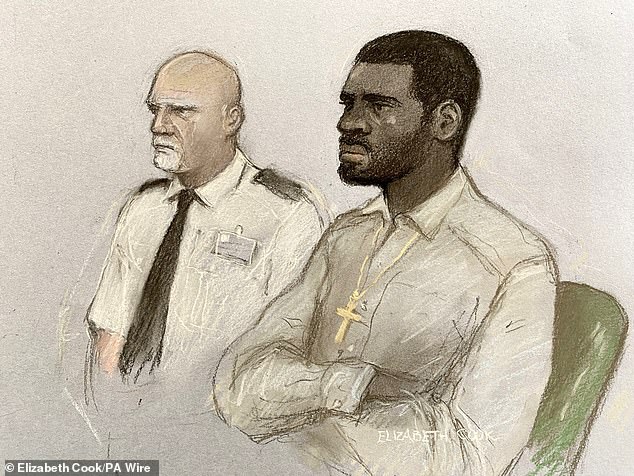 A court artist drawing by Elizabeth Cook of Yostin Andres Mosquera (right) in the dock on May 1