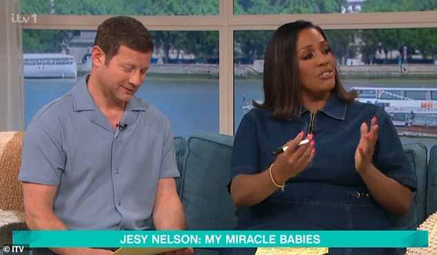 The singer, 34, appeared on the ITV show on Wednesday to talk to hosts Alison Hammond , 50, and Dermot O'Leary , 52, about the birth of her twin daughters after her life-threatening pregnancy