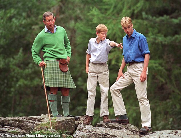 A young Prince Harry with his brother Prince William and father King Charles at Balmoral. In a 2021 interview, Harry alleged that many of his issues stemmed from the pain his own father had experienced due to bad parenting