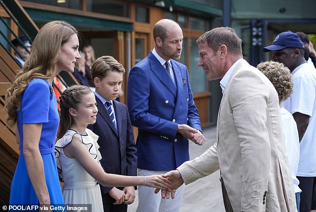 Kate, Charlotte, George and William meet with members of staff upon their arrival to attend the men's singles final tennis match on July, 13, 2025