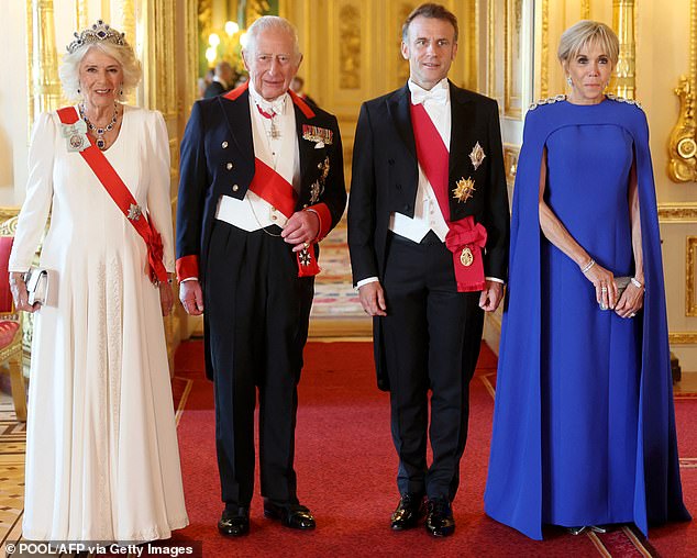 King Charles, in his Windsor lapels, with Queen Camilla, French president Emmanuel Macron and his wife Brigitte Macron on July 8 at the state banquet