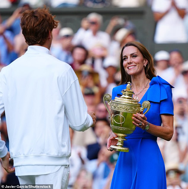 The Princess of Wales beamed as she handed Jannik Sinner the Wimbledon trophy following an enthralling four-set final in front of royalty and A list celebrities