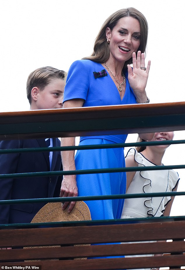 Kate waved to spectators as she arrived on day fourteen of the 2025 Wimbledon Championships with Prince George and Princess Charlotte