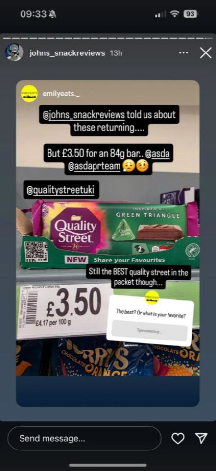 Screenshot of a social media post showing a new Quality Street chocolate bar.