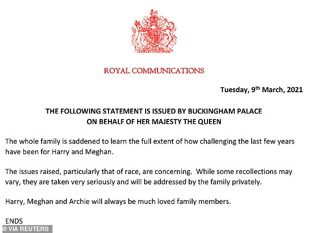 The Palace's response to Harry and Meghan's interview