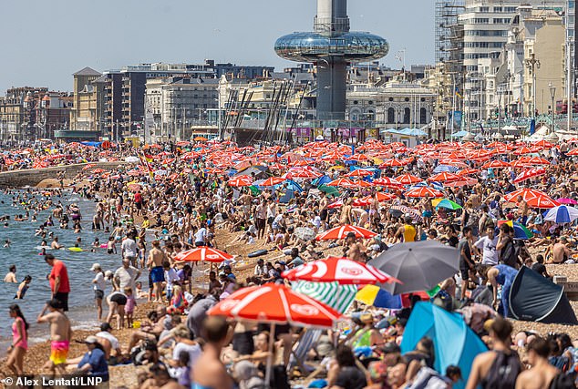 Meanwhile, the mercury has hit record-breaking highs back in Blighty. Pictured: Brighton Beach on Saturday