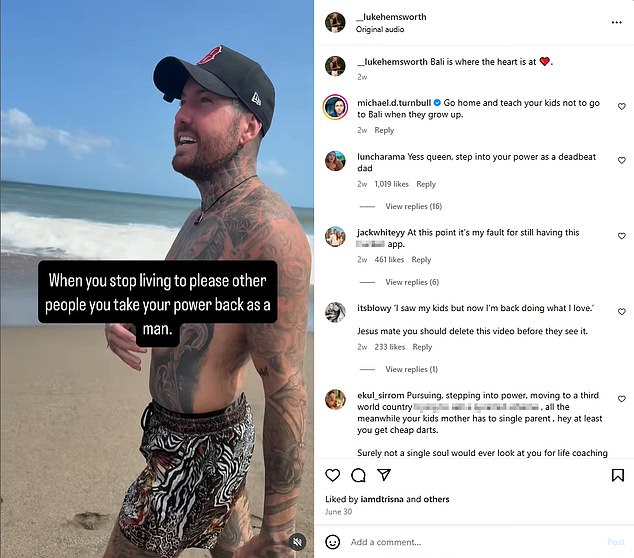 Wannabe Bali influencer Luke Hemsworth - not to be confused with the actor of the same name - is routinely trashed in his own comments section for his tone-deaf 'inspirational' speeches