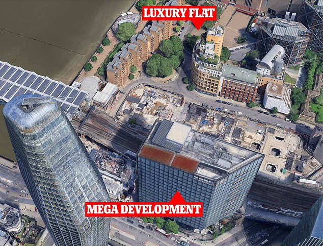 Stephen and Jennifer Powell said the Arbor tower, part of the £2billion Bankside Yards development, (pictured bottom) reduced natural light into their own building (pictured top)