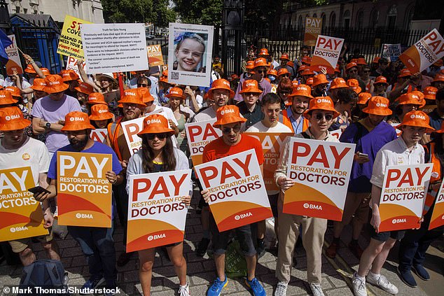 Strikes by the BMA in 2023 and 2024 were raised in five Prevention of Future Death Reports. Pictured: Junior doctors demonstrate opposite Downing Street on June 27 2024