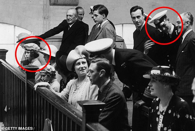 The royal family at Dartmouth Naval College in 1939. During the meeting the young Elizabeth (circled left) couldn't take her eyes off of Philip (circled right)