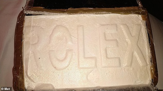 Pictured: One of the blocks of cocaine belonging to the gang embossed with the word 'Rolex'. Bushi, who sent the image, pleaded guilty to two counts of conspiracy to supply Class A drugs, conspiracy to transfer criminal property and possessing criminal property at Kingston Crown Court