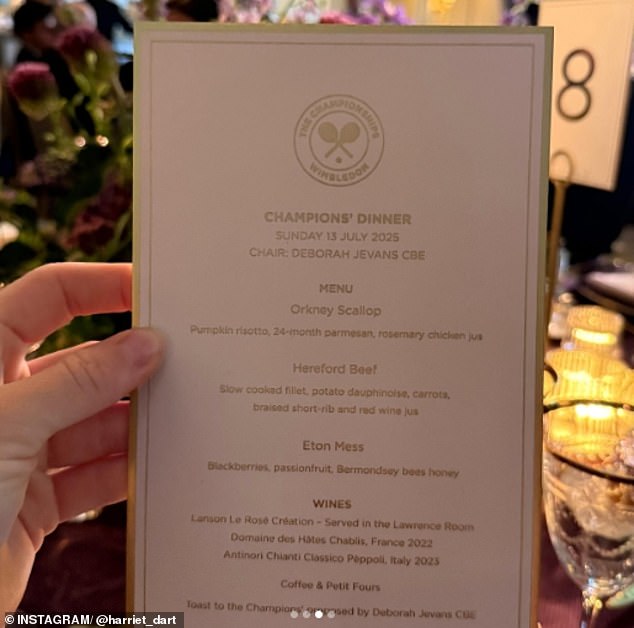 The menu at Wimbledon's star-studded Champions' Dinner on Sunday night has been revealed