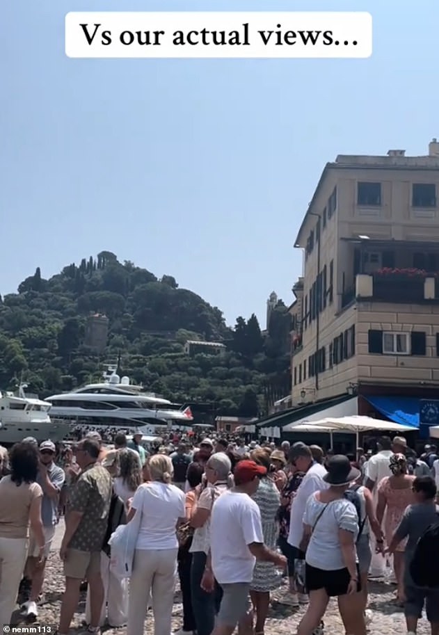 Elbows at dawn: One tourist disappointed with the vast crowds in Portofino posted on TikTok footage showing hundreds of people gathered around the Italian resort's picturesque port