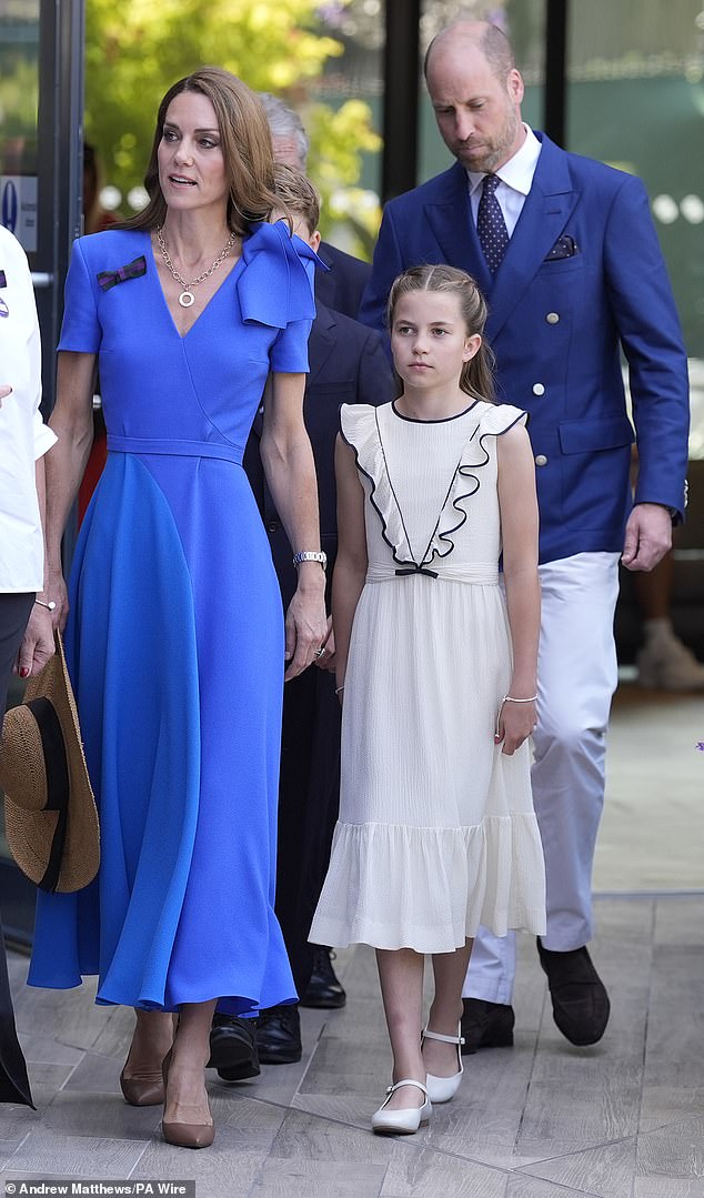 The Princess of Wales is seen arriving at Wimbledon with the Prince of Wales, and their two eldest children Princess Charlotte and Prince George