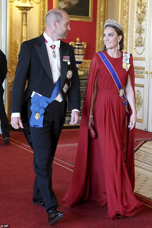 Making a glamorous entrance, the Prince and Princess of Wales were among the British Royal Family members in attendance at the State Banquet in honour of Emmanuel Macron and Brigitte Macron