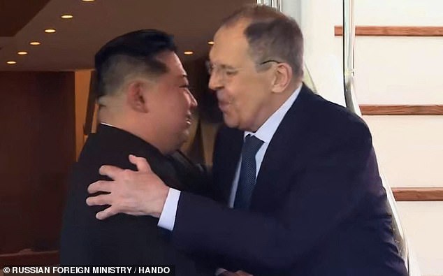 Russia's foreign minister was seen hugging Kim Jong Un today as he thanked North Korea for sending troops to the Ukraine war.