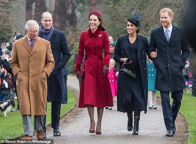 King Charles with Prince William, Catherine, Princess of Wales, and the Duke and Duchess of Sussex at the Christmas Day service in 2018