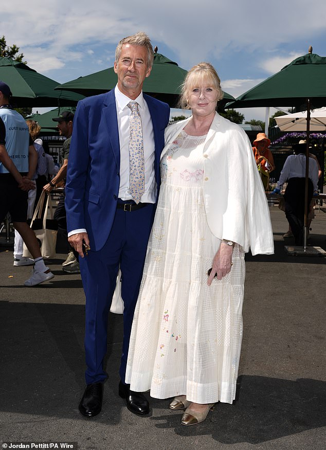 Sarah Lancashire joined her husband Peter Salmon for a rare public outing as they led the stars on day two of the Wimbledon Championships 2025 on Tuesday