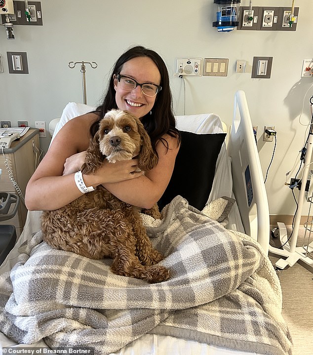 Breanna Bortner, pictured here with her dog Mochi, was diagnosed at 30 with stage 2B triple-negative invasive ductal carcinoma, an aggressive form of breast cancer that starts in the milk ducts
