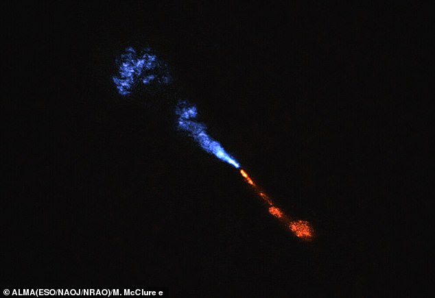 This image shows jets of silicon monoxide (SiO) blowing away from the baby star HOPS-315. This material is what formed the first building blocks of planets in the solar system. Astronomers found that it is located in a small area around the star, about the size of the asteroid belt