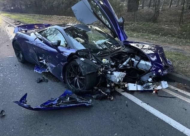 dDramatic pictures show Harrison's purple McClaren 720S that he reportedly crashed