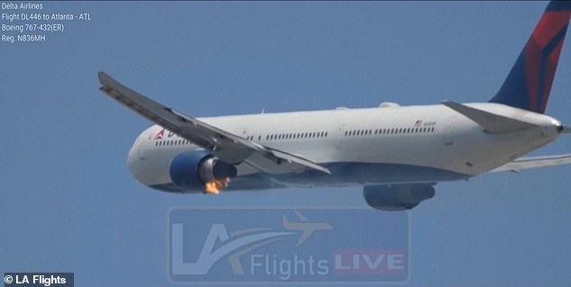 Footage shows the moment orange flames start to appear on the Boeing 767-400 left flight engine shortly after take off