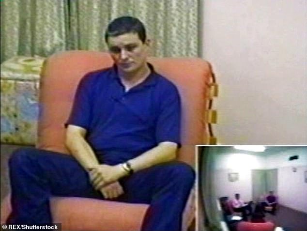 Huntley is seen being interviewed by police over the murders in August 2002