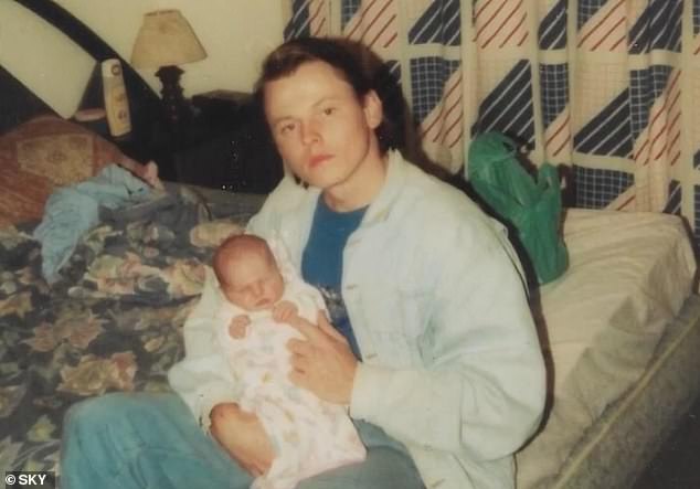 Ms Gunning (pictured as a baby) was raised by her mother after her father (also pictured) was fatally shot in the head