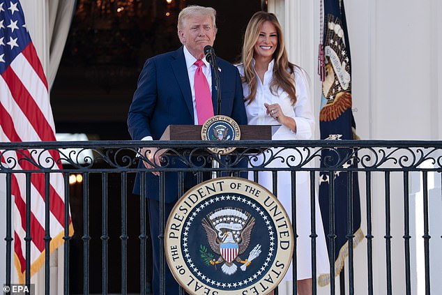 President Donald Trump (left) and first lady Melania Trump (right) stood on the Truman Balcony as the president asked the B-2 pilots who flew the Iranian mission to identify themselves - despite concerns Iran could target those servicemembers