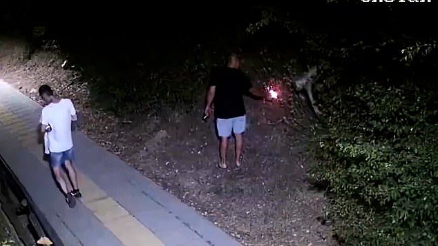 Shocking footage shows a 33-year-old man appearing to set fire to a verge of grass next to a pavement