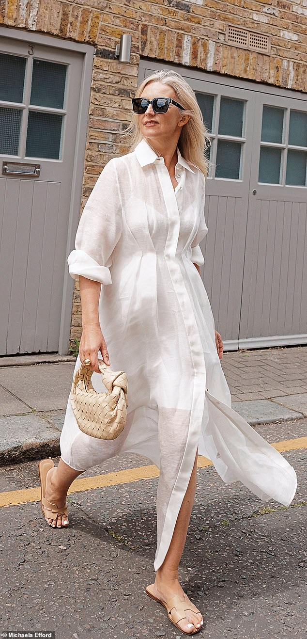 Shirt dress, Zimmermann. Sunglasses, Saint Laurent. Bag, Bottega Veneta. Sandals, Hermès