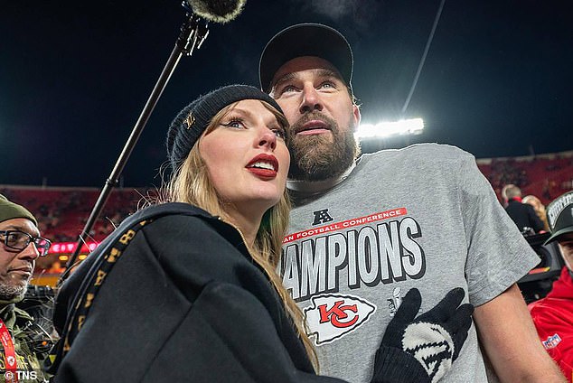 The Taylor Swift-Travis Kelce romance was an inspiration for two new parents who named their baby girl after the two superstars; Pictured in Kansas City, MO in January