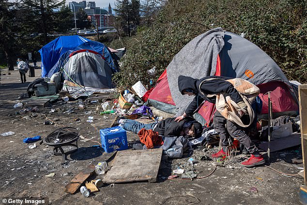 An unidentified Redditor and their family stayed in a Downtown Seattle hotel during a recent visit to the Emerald City and said it was the most unsafe they have ever felt due to the homelessness problem (pictured: a homeless encampment in Seattle in 2022)