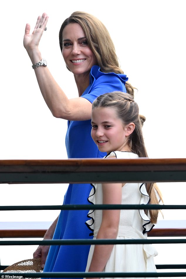 The Pricness of Wales (pictured with Princess Charlotte) looked radiant in a royal blue frock as she arrived at SW19