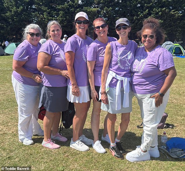 One group of six best friends from the US were set for another two or three hours in the queue after joining at 7am and flying eight and a half hours to the UK (Pictured: Laurie, Jennie, Amy, Sandra, Lydia and Lindy)