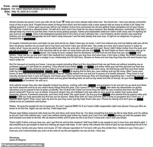 In the supplemental document filed June 27, there are hundreds of pages of emails and scenic photos from 2023 to present from Jason Brian Wagner to Swift's team