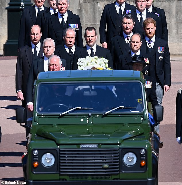 Brigadier Archie Miller Bakewell and pages William Henderson and Stephen Niedojadlo all walked behind Prince Philip's coffin during his funeral procession at Windsor Castle on April 17, 2021