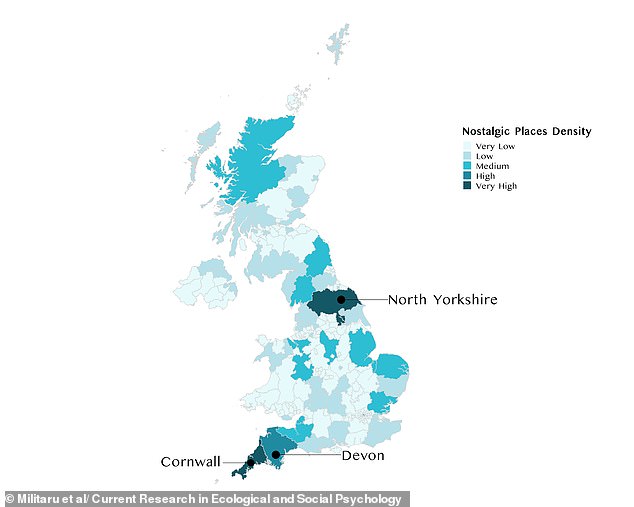 The researchers created a map to show the most nostalgic places in the UK with Cornwall, Devon and North Yorkshire scoring highly