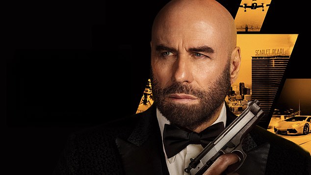 The poster for Travolta's latest film High Rollers, in which he plays Mason Goddard, a master thief who must pull off a dangerous casino heist when his nemesis kidnaps his lover