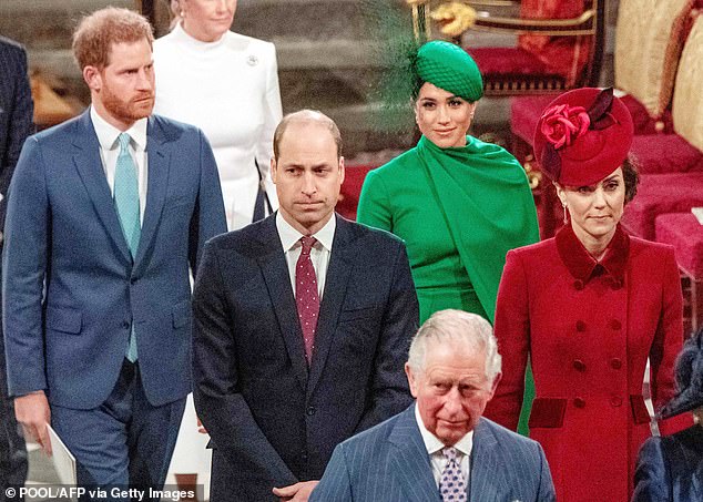 The Royal Family reportedly had 'zero trust' in Prince Harry following his bombshell BBC interview earlier this year, an insider previously claimed (pictured: The Duke and Duchess of Sussex, the Prince and Princess of Wales and King Charles departing Westminster Abbey after attending a Commonwealth Service in 2020)