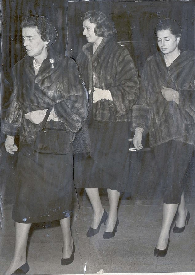The Duchess of Kent, Princess Alexandra and Princess Elizabeth of Yugoslavia arriving in identical outfits of fur coats and black dresses