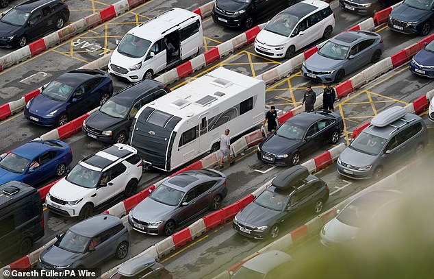 Holiday and freight traffic queues to use the Port of Dover in Kent this morning