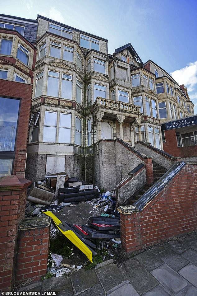 The Sherwood Hotel, on the Promenade, lies in a state of disrepair. Furniture has been fly-tipped on its grounds and broken windows have been boarded up