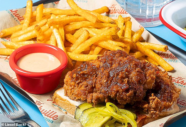 Lil’ Nashville’s ‘authentic’ hot chicken, on white bread with pickles and fries